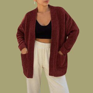 Rich Burgundy Plush Open-Front Chenille Cardigan (Revamped) — Size L